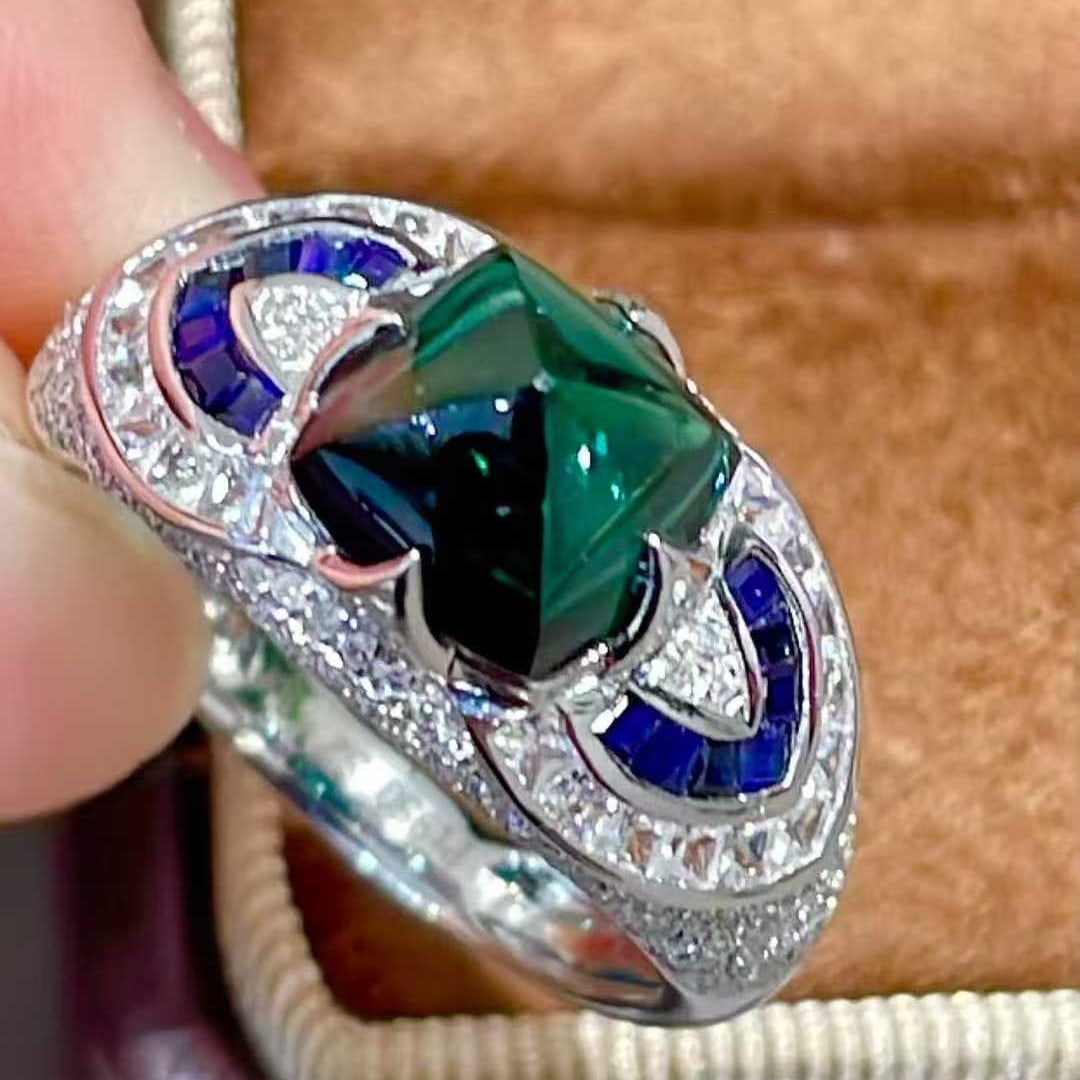 14k Gold 2.43 Ct Natural Tourmaline & Diamond & Sapphire Ring - 5
