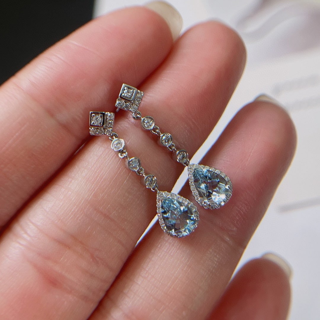14k Gold 1.48 Ct Natural Aquamarine & Diamond Earrings - 2