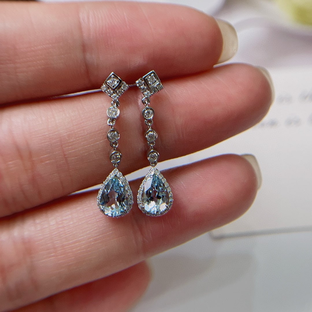 14k Gold 1.48 Ct Natural Aquamarine & Diamond Earrings - 4