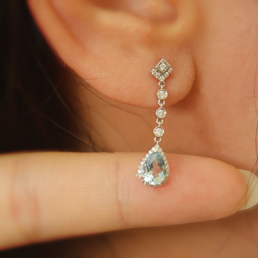 14k Gold 1.48 Ct Natural Aquamarine & Diamond Earrings - 5