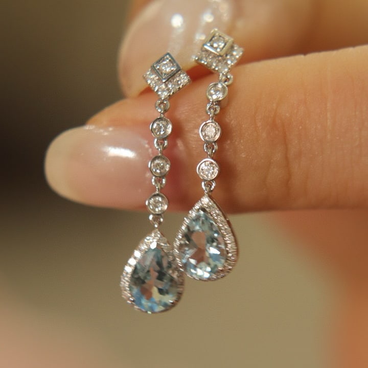 14k Gold 1.48 Ct Natural Aquamarine & Diamond Earrings - 7
