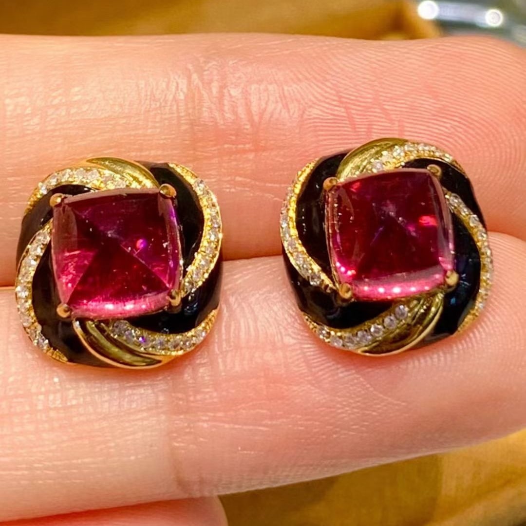 14k Gold 5.7 Ct Natural Tourmaline & Diamond Earrings - 2