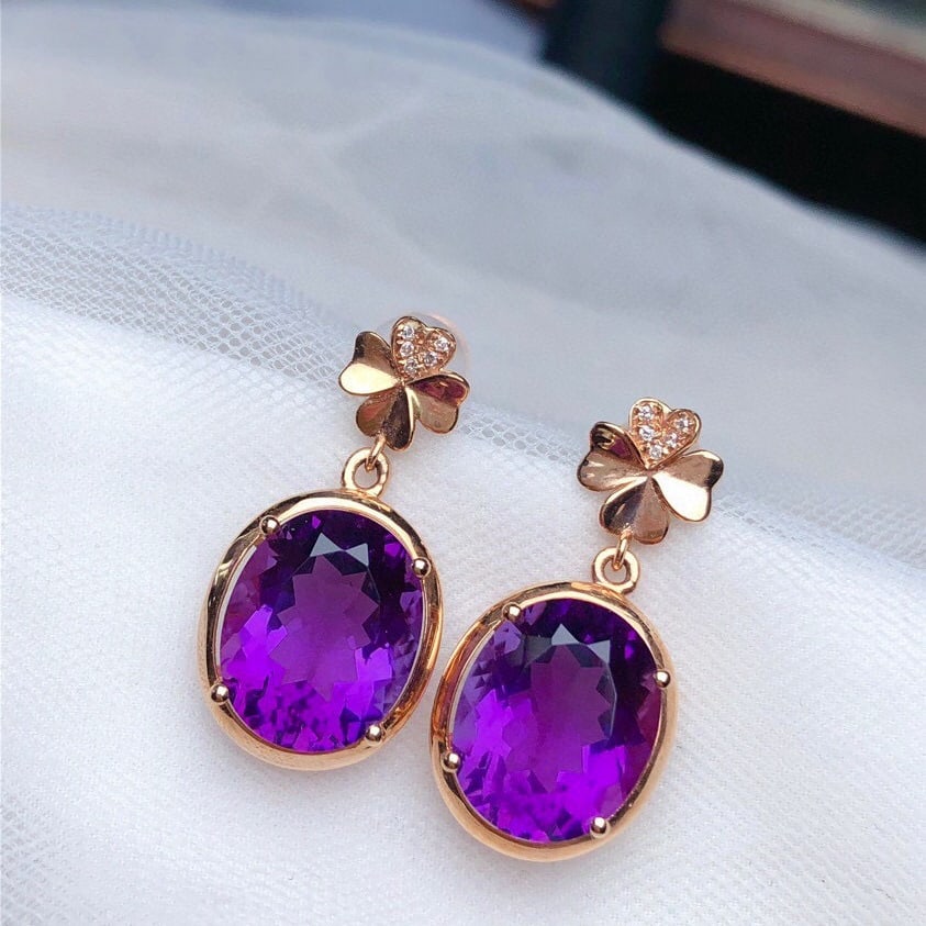 14k Gold 7.25 Ct Natural Amethyst & Diamond Earrings - 2