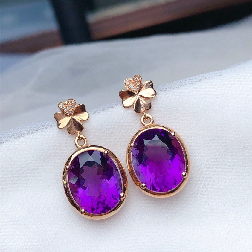 14k Gold 7.25 Ct Natural Amethyst & Diamond Earrings - 4