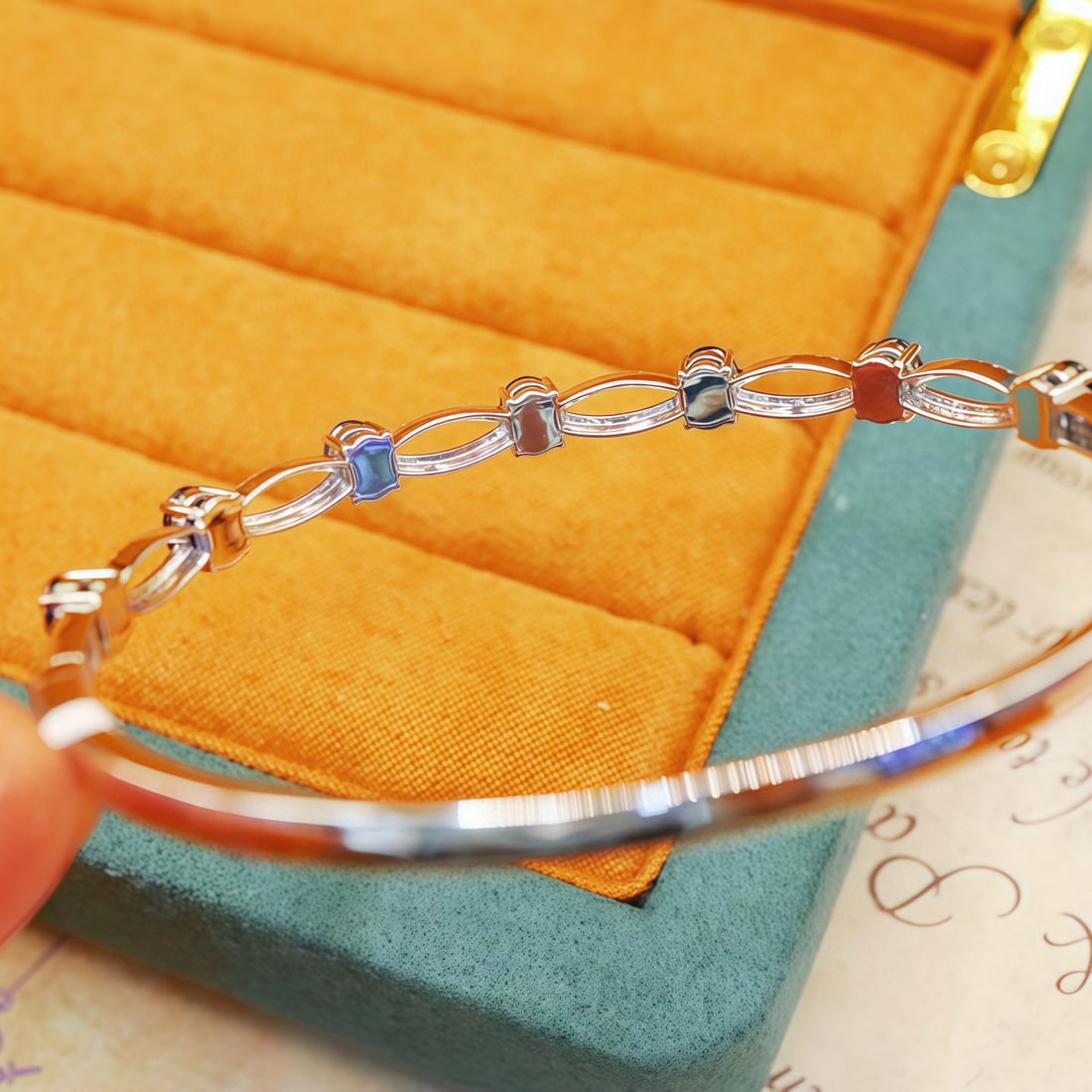 14k Gold 2.89 Ctw Natural Sapphire & Diamond Bangle - 2