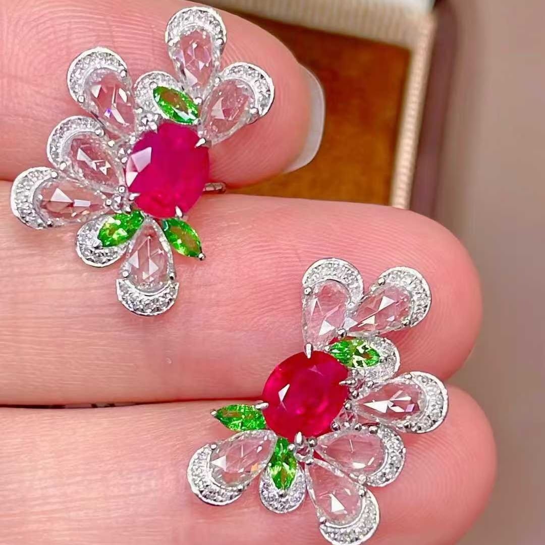 14k Gold 1.7 Ct Natural Ruby & Diamond Earrings - 3
