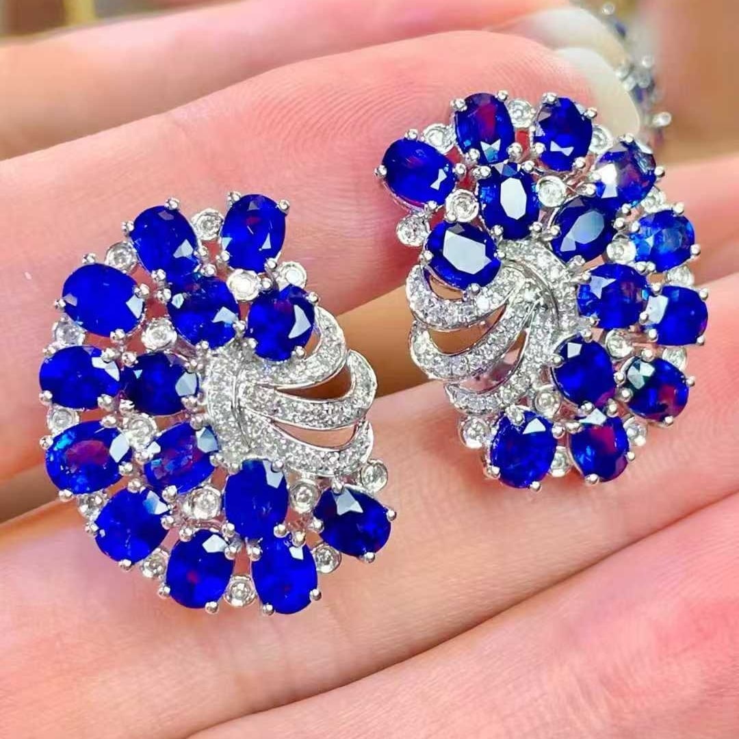 14k Gold 7 Ct Natural Sapphire & Diamond Earrings - 2