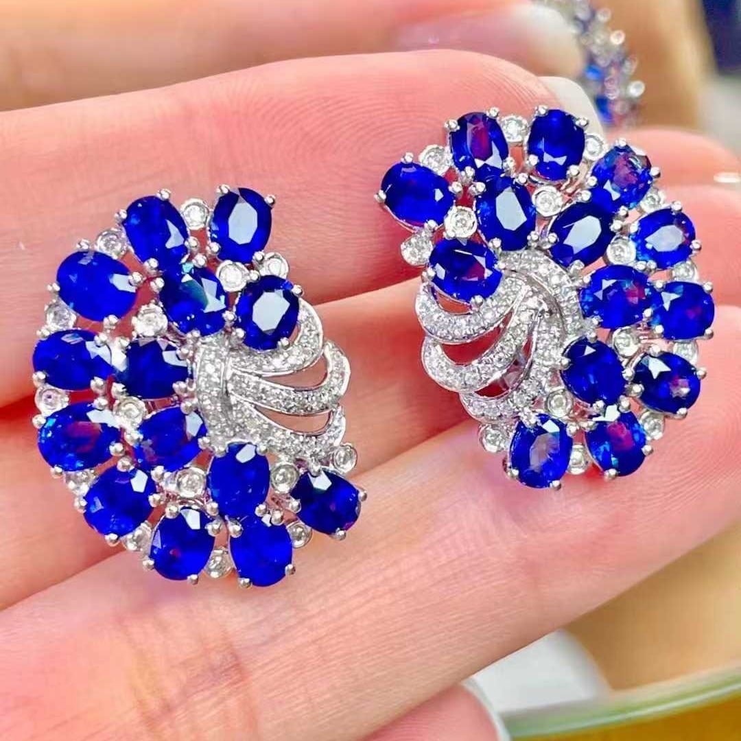 14k Gold 7 Ct Natural Sapphire & Diamond Earrings - 3