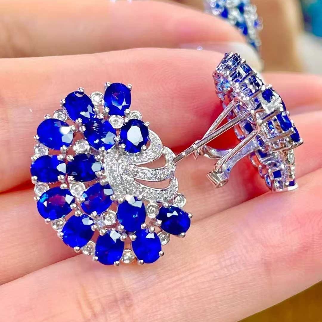 14k Gold 7 Ct Natural Sapphire & Diamond Earrings - 4