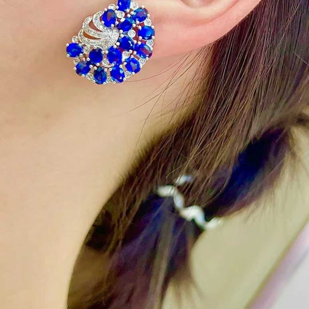 14k Gold 7 Ct Natural Sapphire & Diamond Earrings - 5