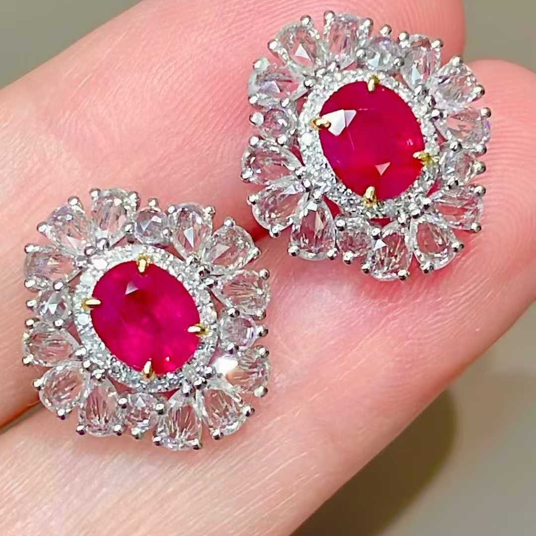 14k Gold 1.58 Ct Natural Ruby & Diamond & Sapphire Earrings: Ref:231099198 // gold content:14k gold // main gemstone:ruby // shape:oval // carat weight:1. 58ct // color:red // treatment:natural // // adjacent gemstone 2 : diamond // shape:round // clarity grade