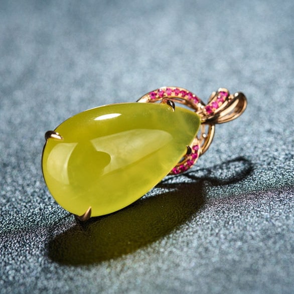 14k Gold 23.56 Ct Natural Prehnite & Ruby Pendant( Without Chain ) - 7
