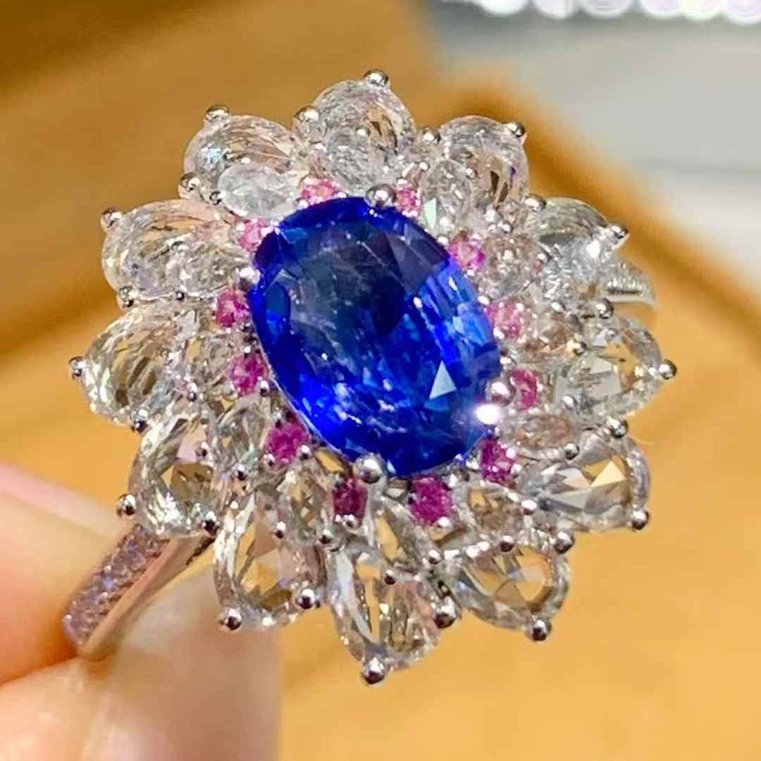 14k Gold 1.01 Ct Natural Sapphire & Diamond & Sapphire Ring: Ref:231099232 // gold content:14k gold // ring size:7. 25us // // main gemstone:sapphire // shape:oval // carat weight:1. 01ct // color:cornflower blue // treatment:natural // // adjacent gemstone 2