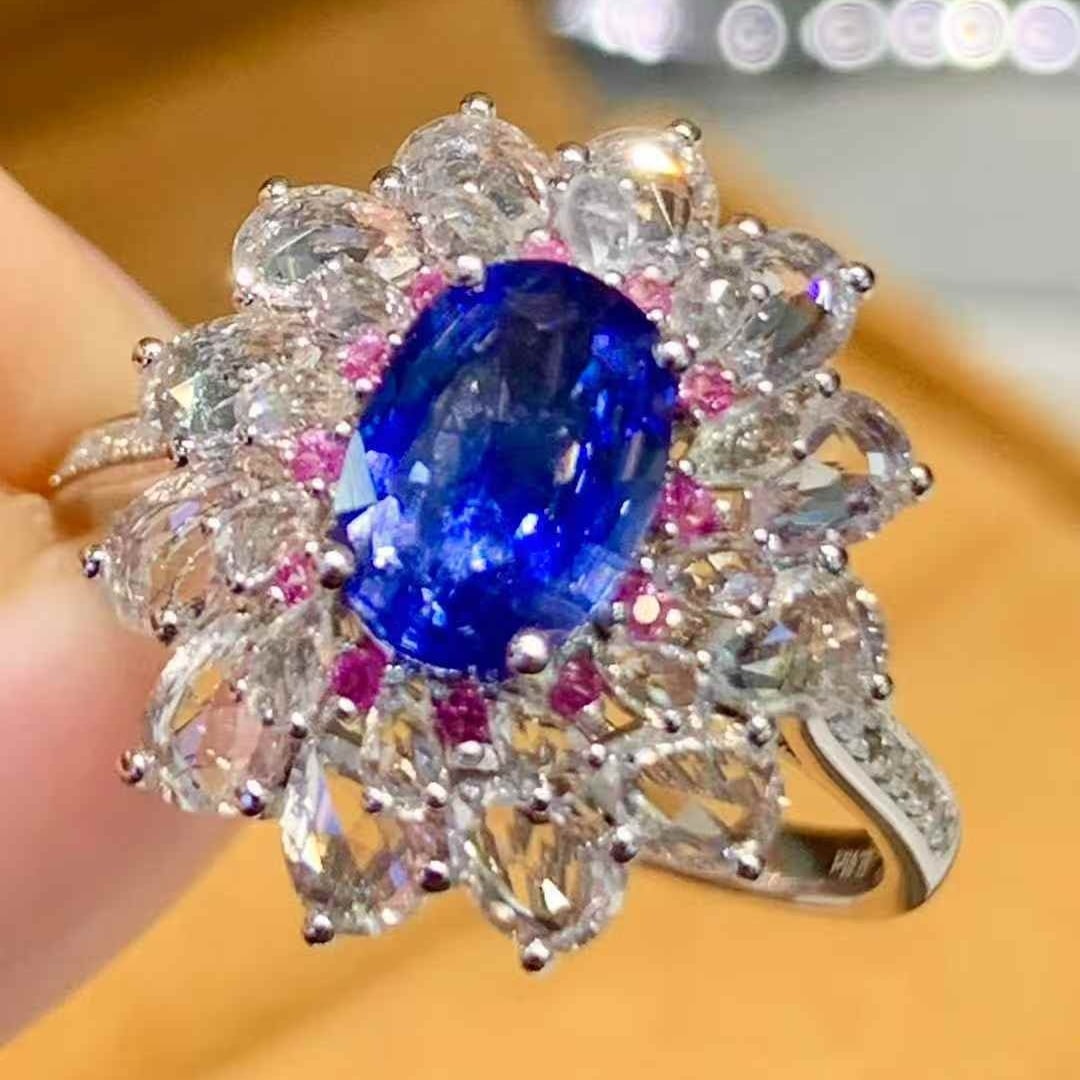 14k Gold 1.01 Ct Natural Sapphire & Diamond & Sapphire Ring - 2