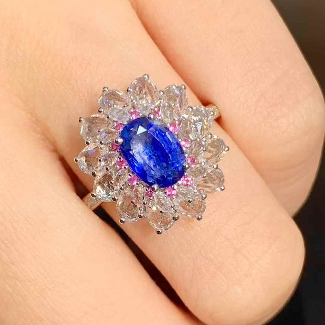 14k Gold 1.01 Ct Natural Sapphire & Diamond & Sapphire Ring - 4