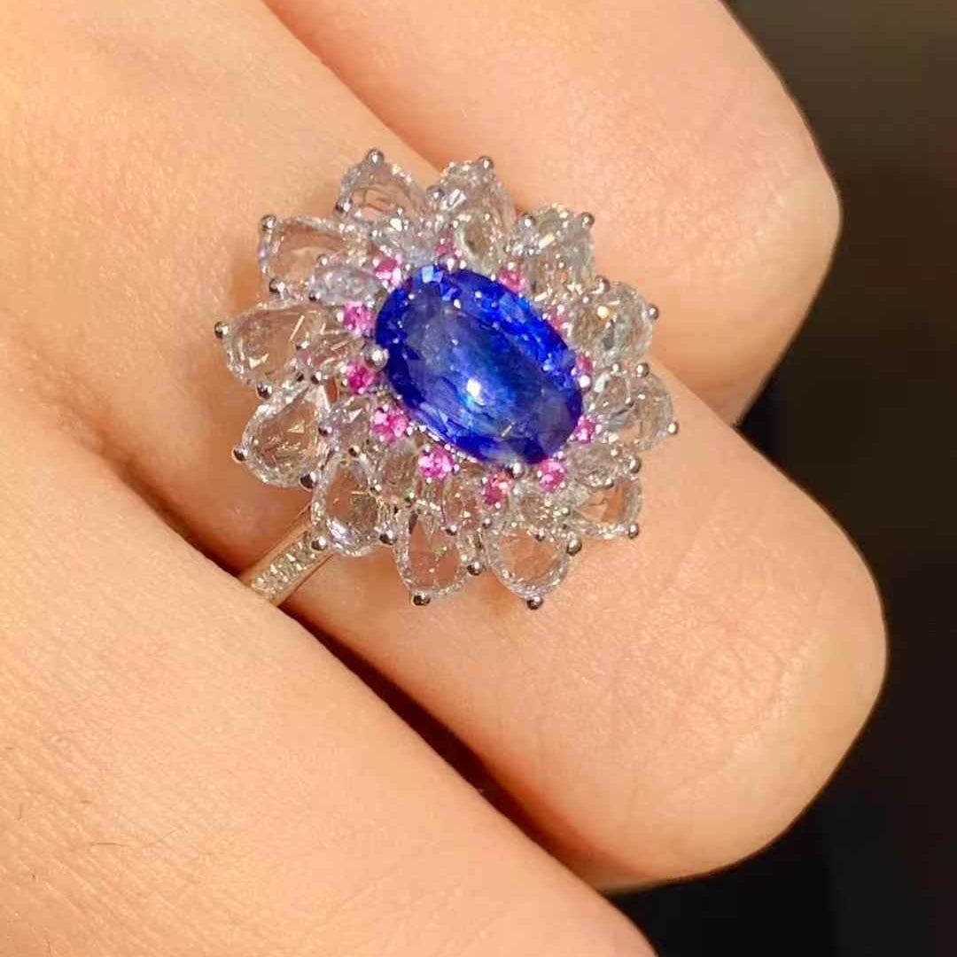14k Gold 1.01 Ct Natural Sapphire & Diamond & Sapphire Ring - 5