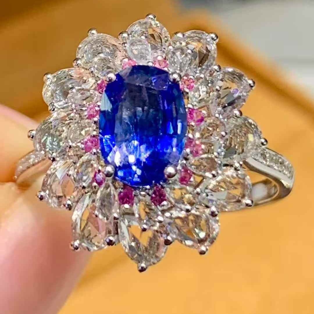 14k Gold 1.01 Ct Natural Sapphire & Diamond & Sapphire Ring - 6