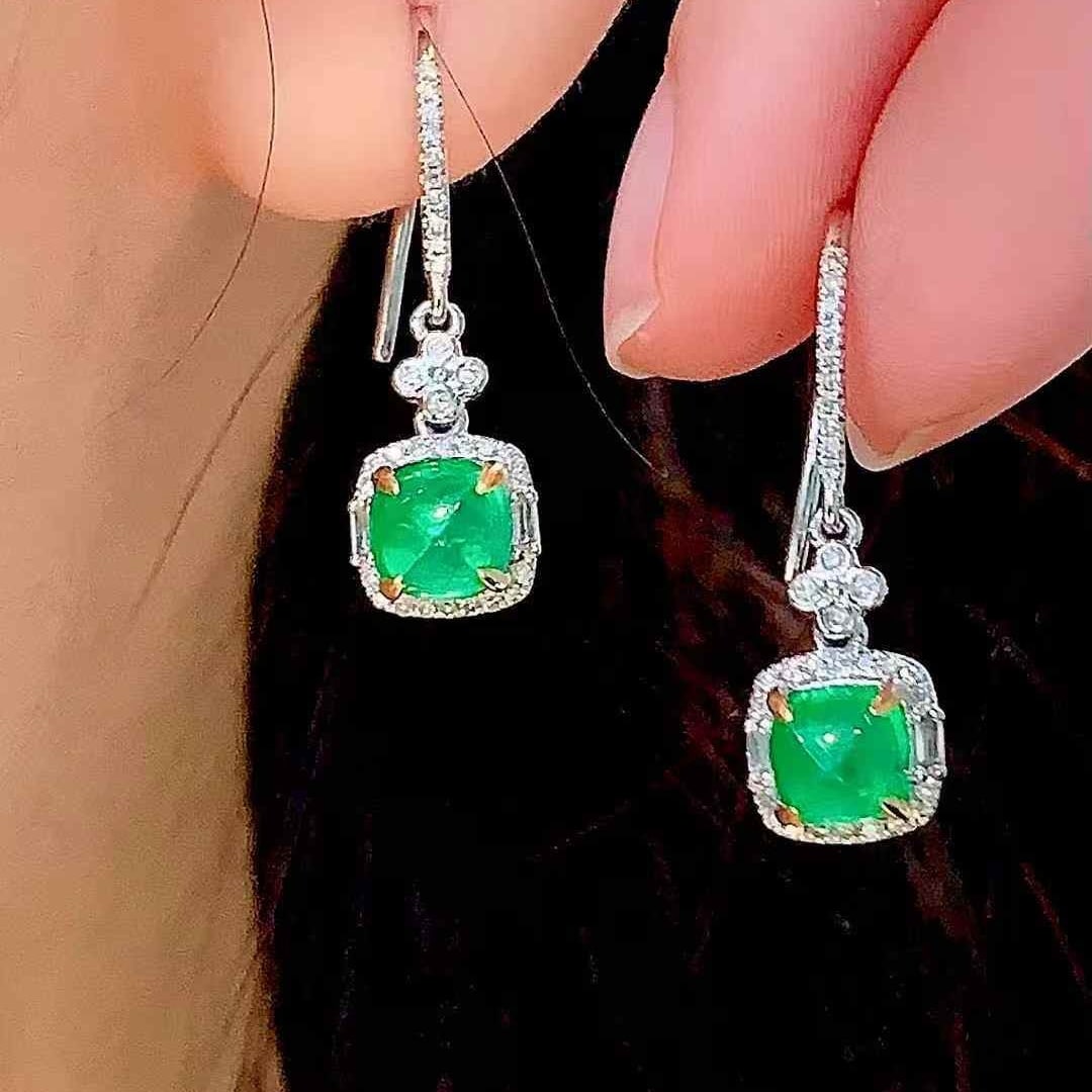 14k Gold 1.6 Ct Vivid Green Natural Emerald & Diamond Earrings - 2