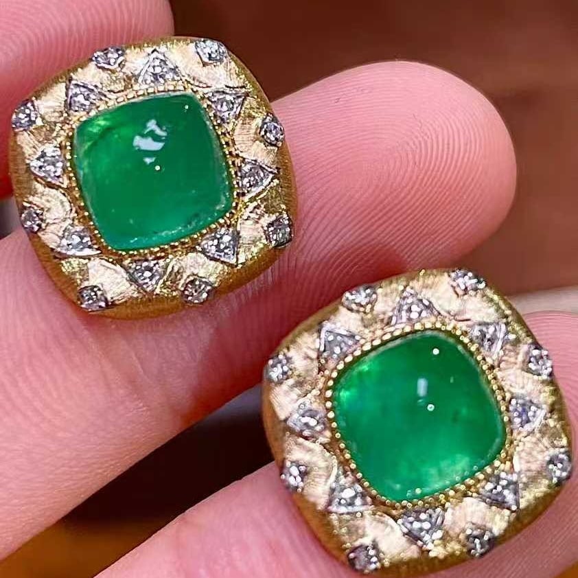 14k Gold 3.5 Ct Vivid Green Natural Emerald & Diamond Earrings - 2
