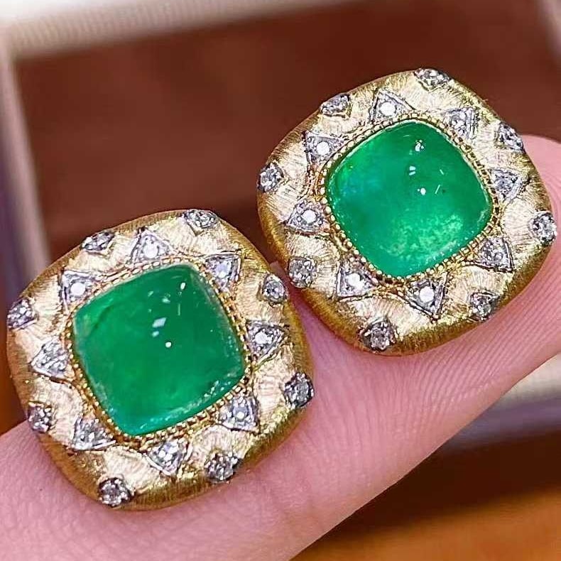 14k Gold 3.5 Ct Vivid Green Natural Emerald & Diamond Earrings - 3