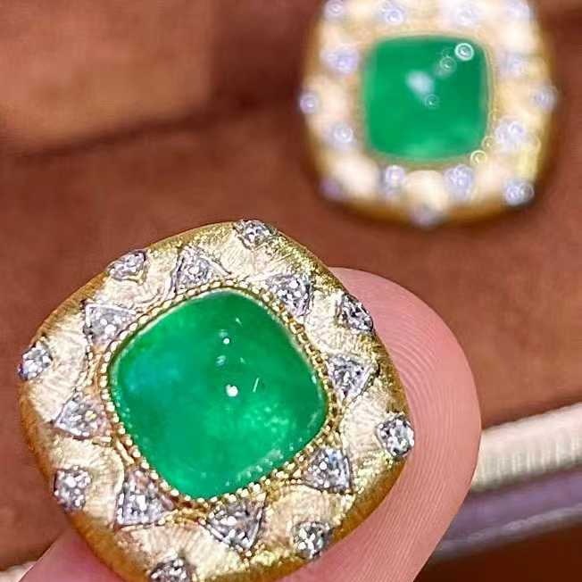 14k Gold 3.5 Ct Vivid Green Natural Emerald & Diamond Earrings - 4