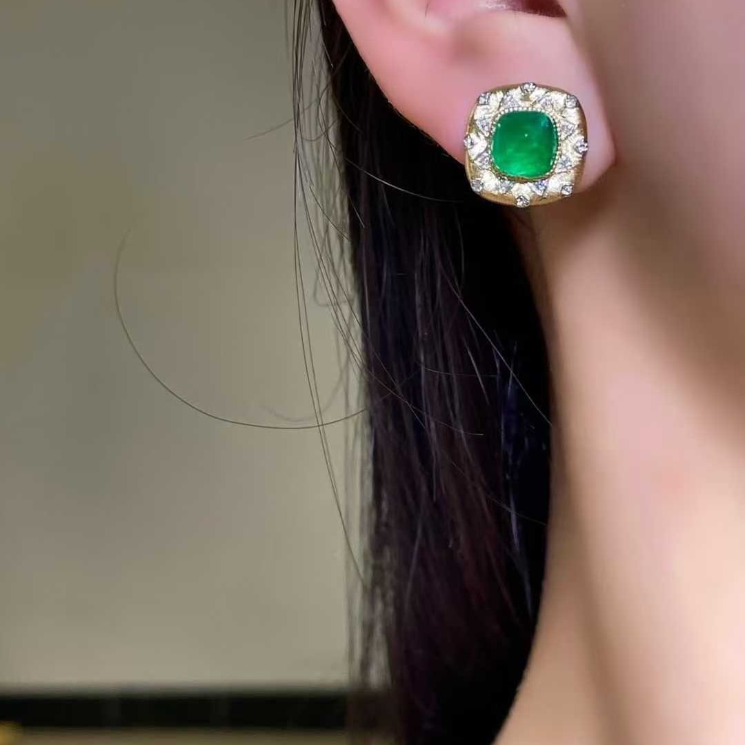 14k Gold 3.5 Ct Vivid Green Natural Emerald & Diamond Earrings - 5