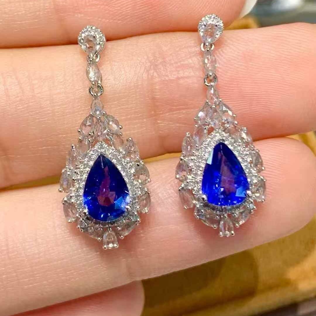 14k Gold 1.8 Ct Natural Sapphire & Diamond & Sapphire Earrings - 2