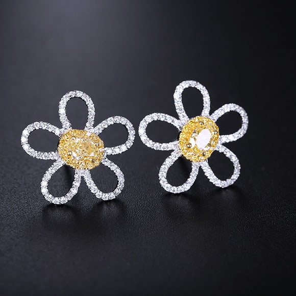 14k Gold 0.89 Ctw Natural Yellow Diamond & Diamond & Flowers Earrings - 2
