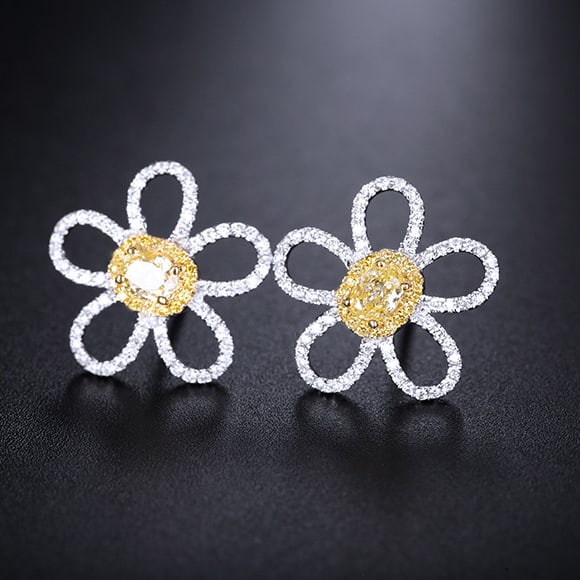 14k Gold 0.89 Ctw Natural Yellow Diamond & Diamond & Flowers Earrings - 3