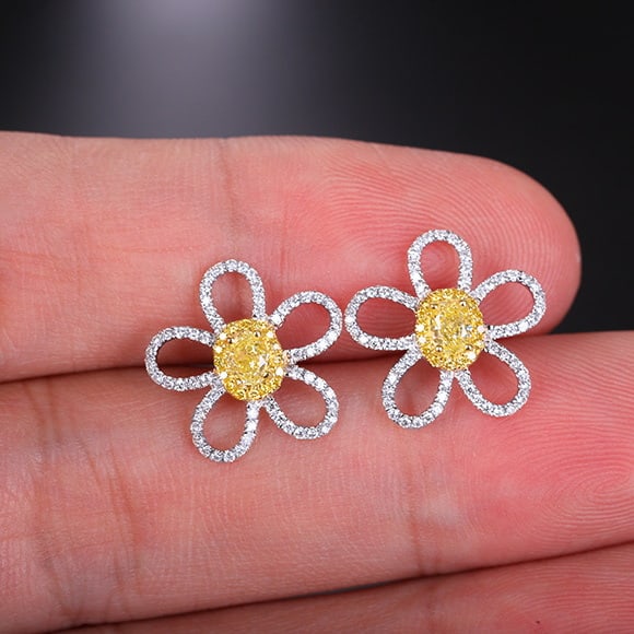14k Gold 0.89 Ctw Natural Yellow Diamond & Diamond & Flowers Earrings - 6