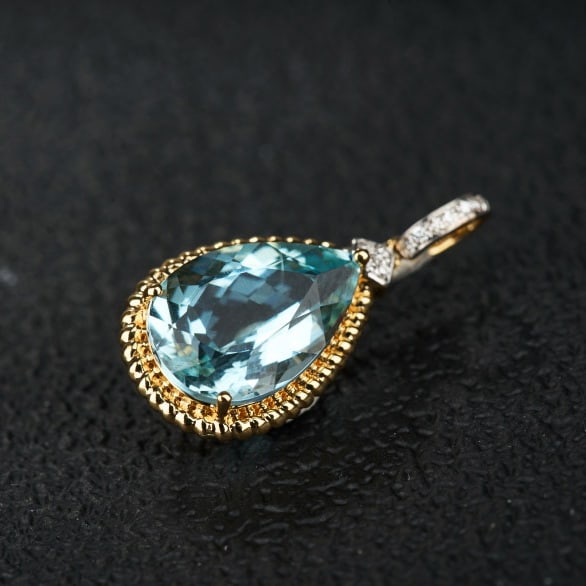 14k Gold 3.18 Ct Natural Aquamarine & Diamond Pendant( Without Chain ) - 7