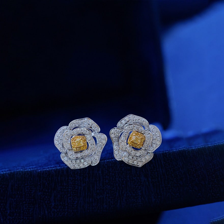 14k Gold 1.2 Ct Natural Color Diamond & Flowers Earrings - 3
