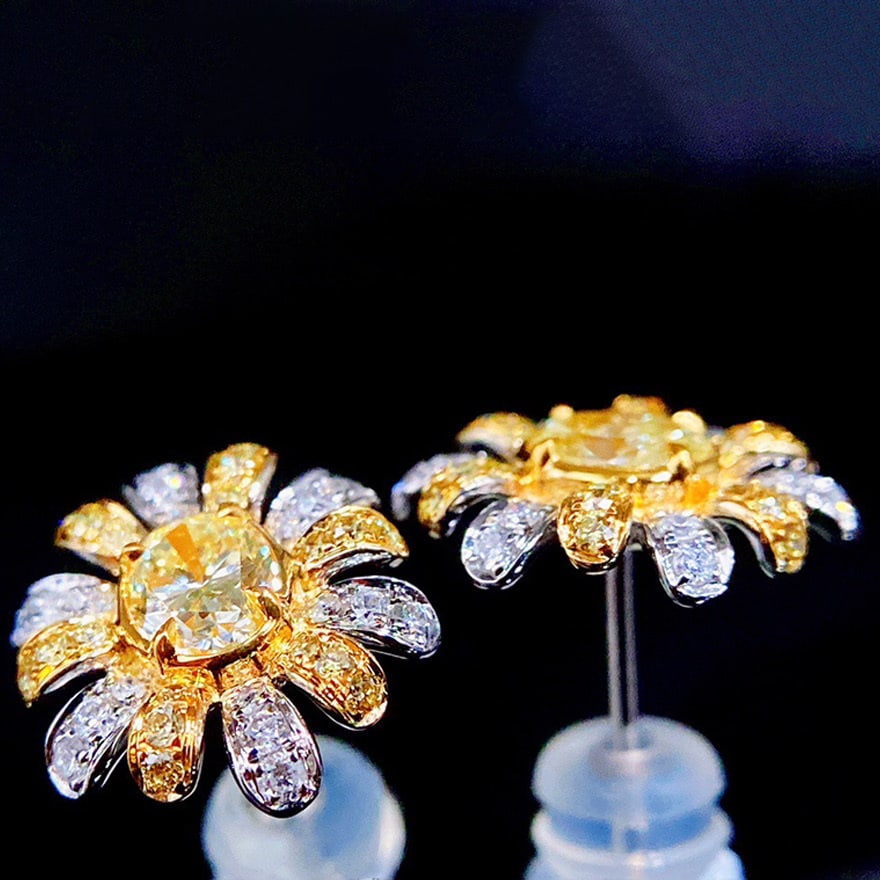 14k Gold 1 Ct Natural Color Diamond & Flowers Earrings - 2