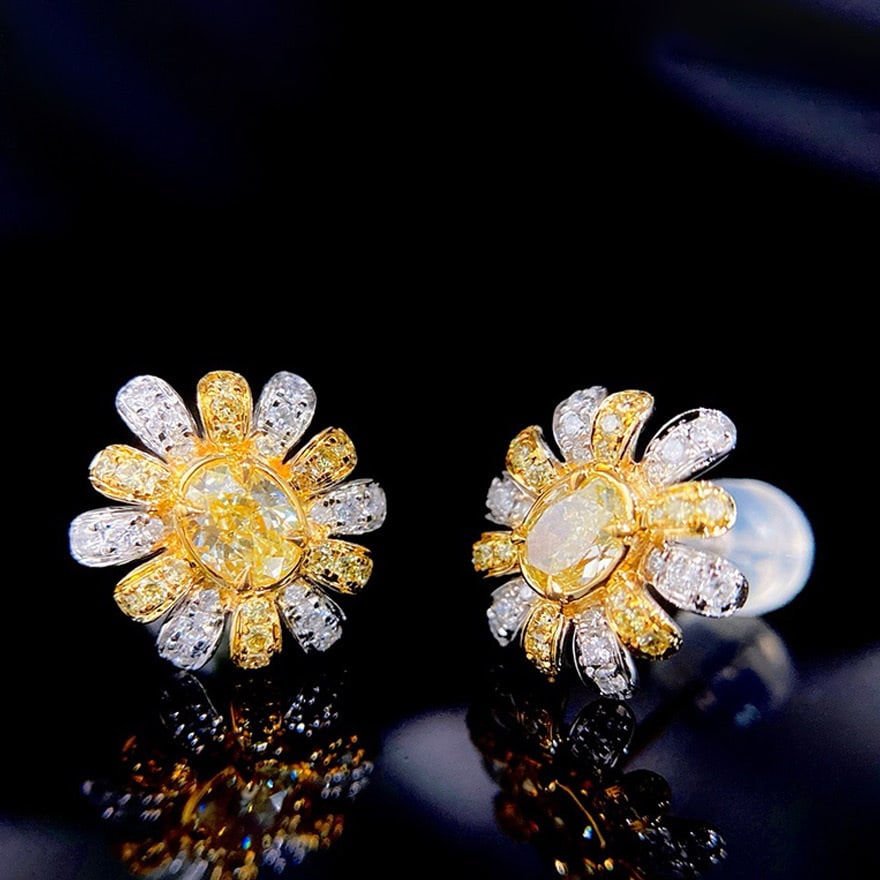 14k Gold 1 Ct Natural Color Diamond & Flowers Earrings - 3