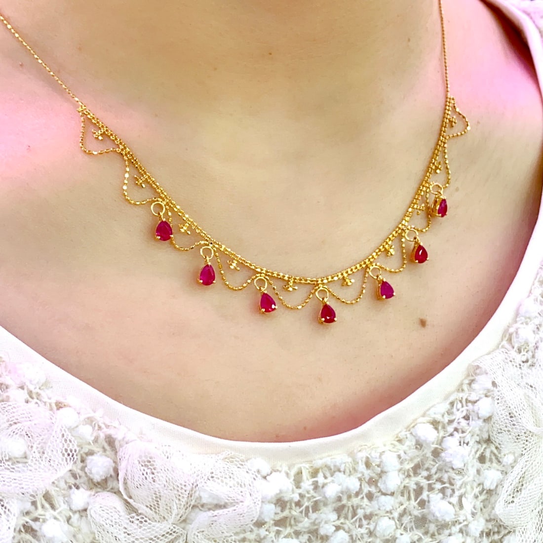 14k Gold 2.80 Ct Natural Ruby Necklace - 2