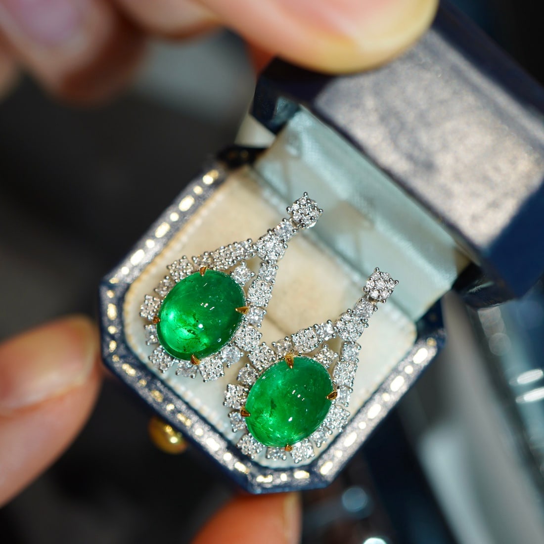 14k Gold 5.15 Ct Vivid Green Natural Emerald & Diamond Earrings - 2