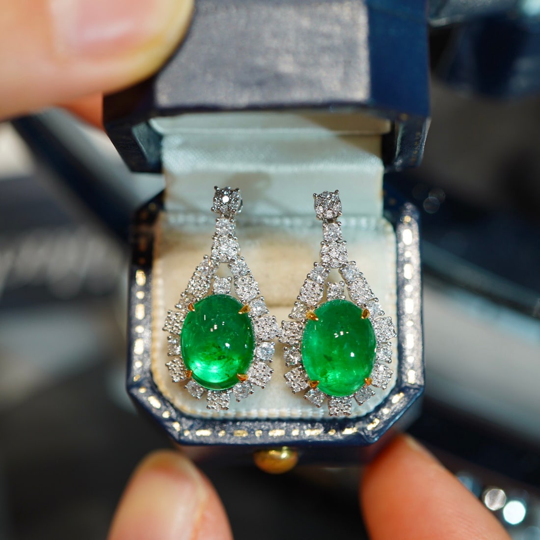14k Gold 5.15 Ct Vivid Green Natural Emerald & Diamond Earrings - 6