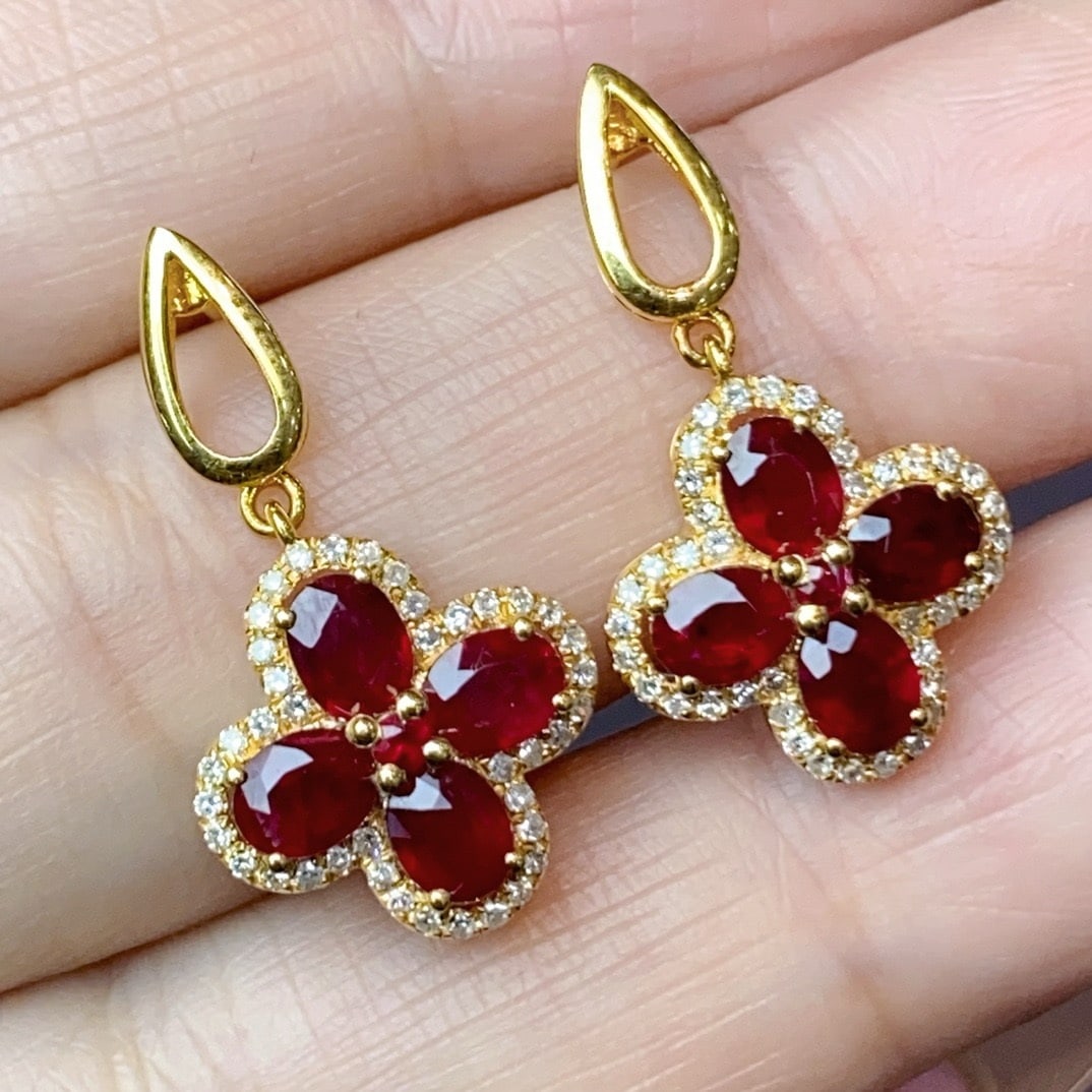 14k Gold 2.31 Ct Natural Ruby & Diamond Earrings - 2