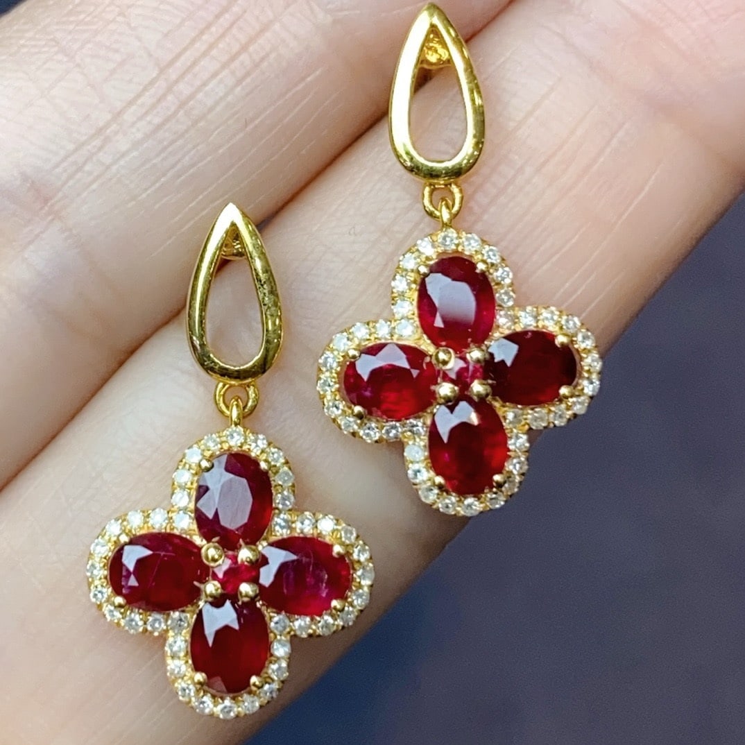 14k Gold 2.31 Ct Natural Ruby & Diamond Earrings - 3