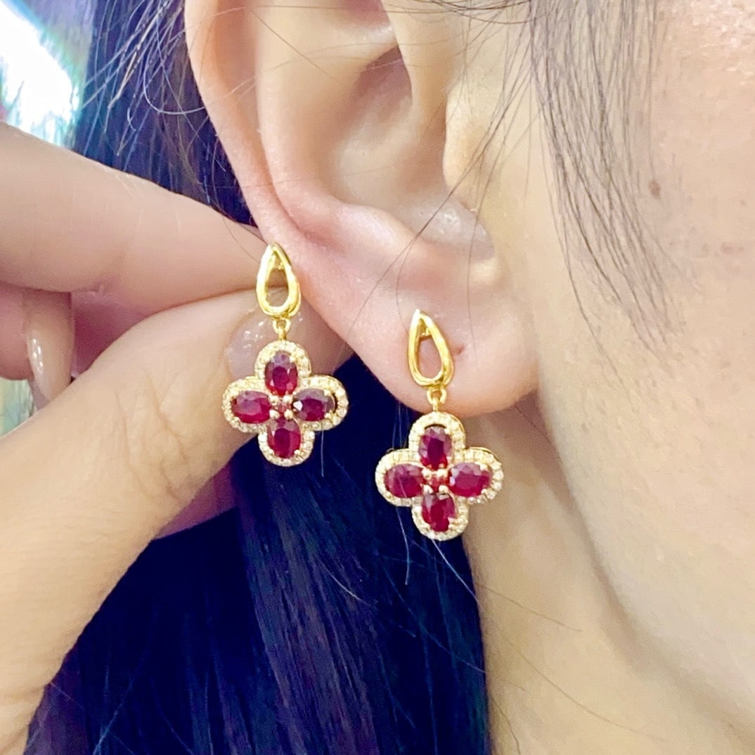 14k Gold 2.31 Ct Natural Ruby & Diamond Earrings - 4
