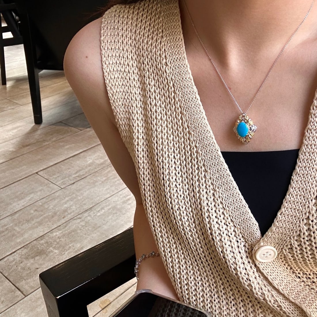 14k Gold 2.78 Ctw Natural Blue Turquoise & Diamond Pendant( Without Chain ) - 2