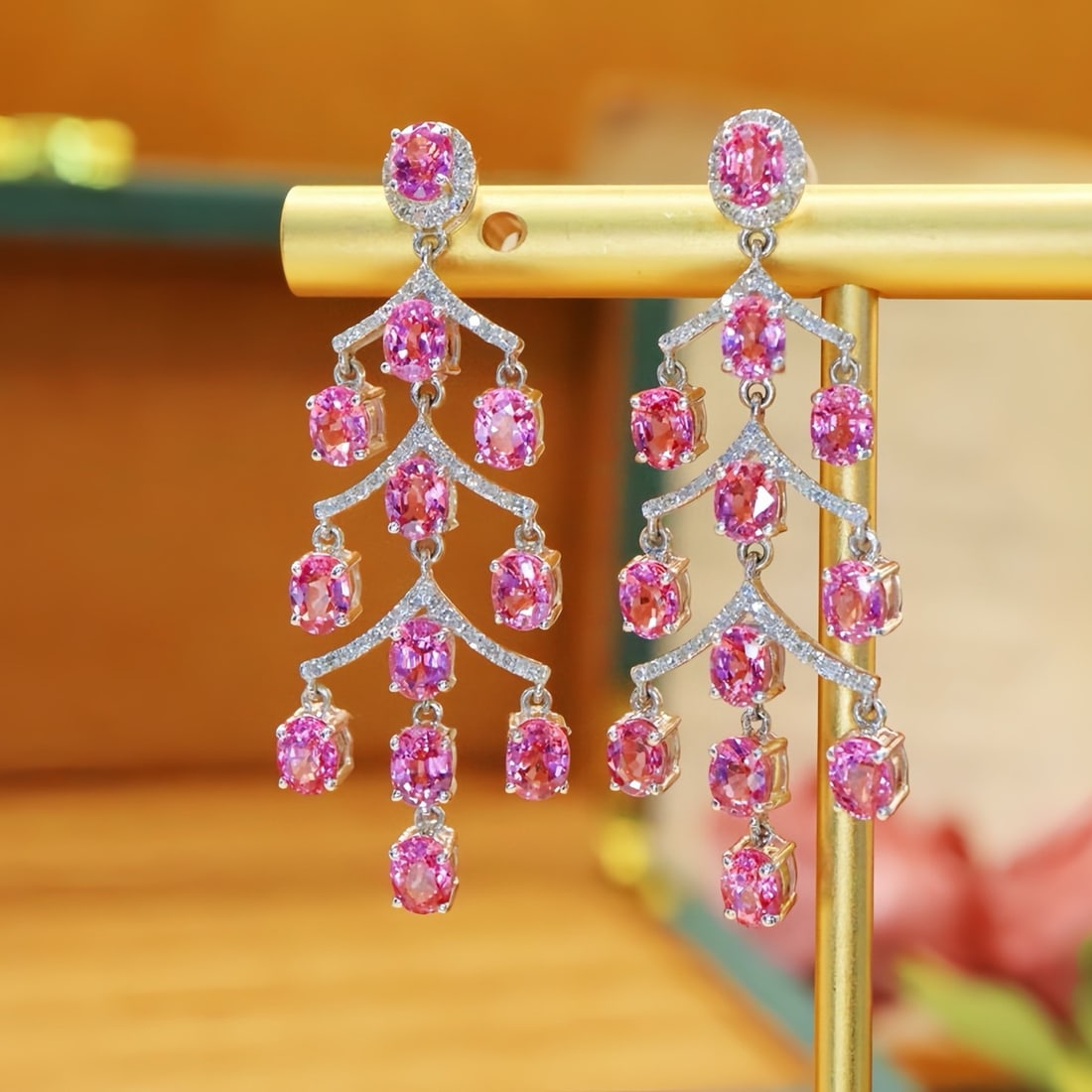14k Gold 7.56 Ctw Natural Padparadscha Sapphire & Diamond Earrings - 2