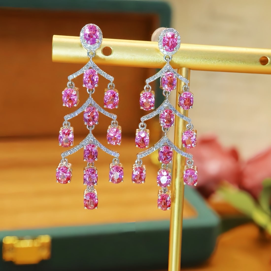 14k Gold 7.56 Ctw Natural Padparadscha Sapphire & Diamond Earrings - 3
