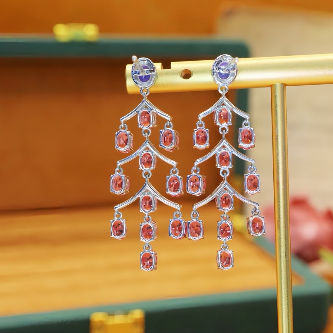 14k Gold 7.56 Ctw Natural Padparadscha Sapphire & Diamond Earrings - 4