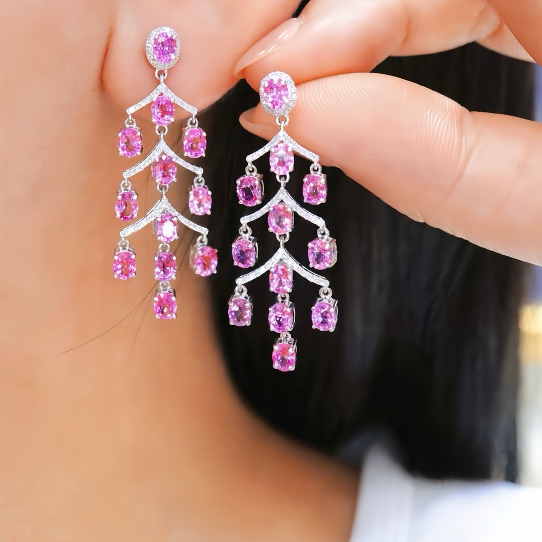 14k Gold 7.56 Ctw Natural Padparadscha Sapphire & Diamond Earrings - 5
