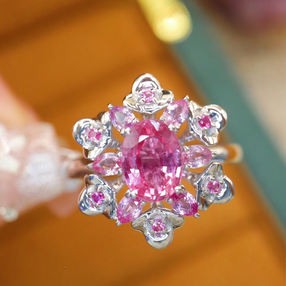 14k Gold 1.66 Ct Natural Padparadscha Sapphire Ring: Ref:231100110 // gold content:14k gold // ring size:7. 25us // // main gemstone:padparadscha sapphire // shape:multiple // carat weight:1. 66ct // color:orangish pink // treatment:natural //