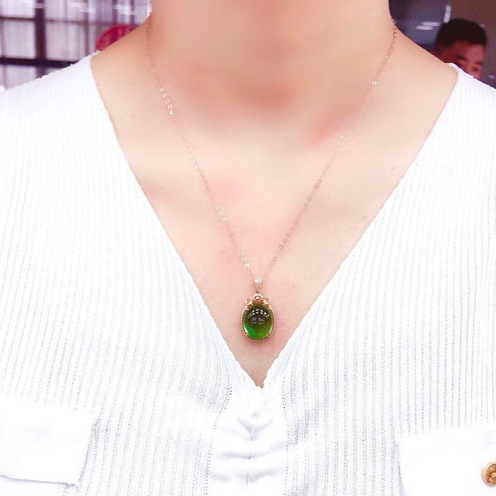 14k Gold 14.8 Ct Natural Prehnite & Diamond Pendant( Without Chain ) - 3