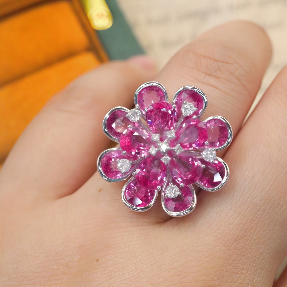 14k Gold 10.59 Ctw Natural Padparadscha Sapphire & Diamond Ring - 4