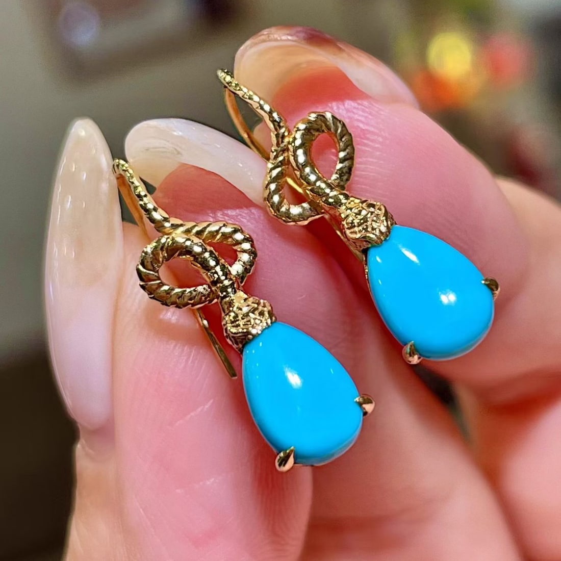 14k Gold 2.53 Ct Natural Blue Turquoise Earrings - 2