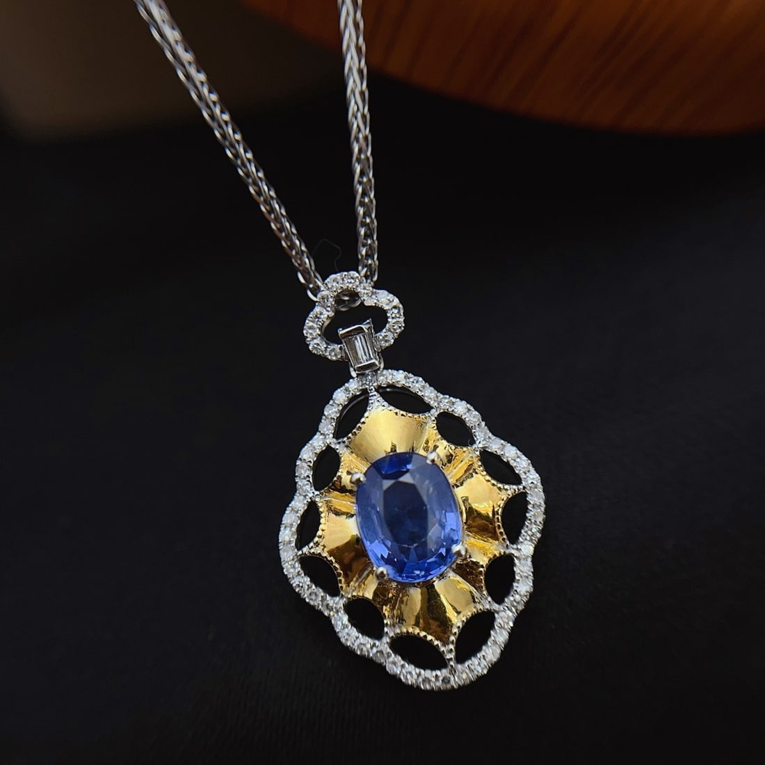14k Gold 1.60 Ct Natural Sapphire & Diamond Pendant( Without Chain ) - 2